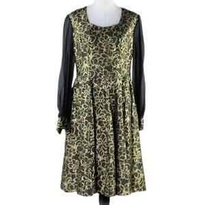 Vintage 1960s Black Gold Floral Printed Dress with Chiffon Long Sleeves Large